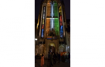 Landmark Venue in Dam Square in heart of Amsterdam lit up in colours of the Indian flag for Indias Republic Day