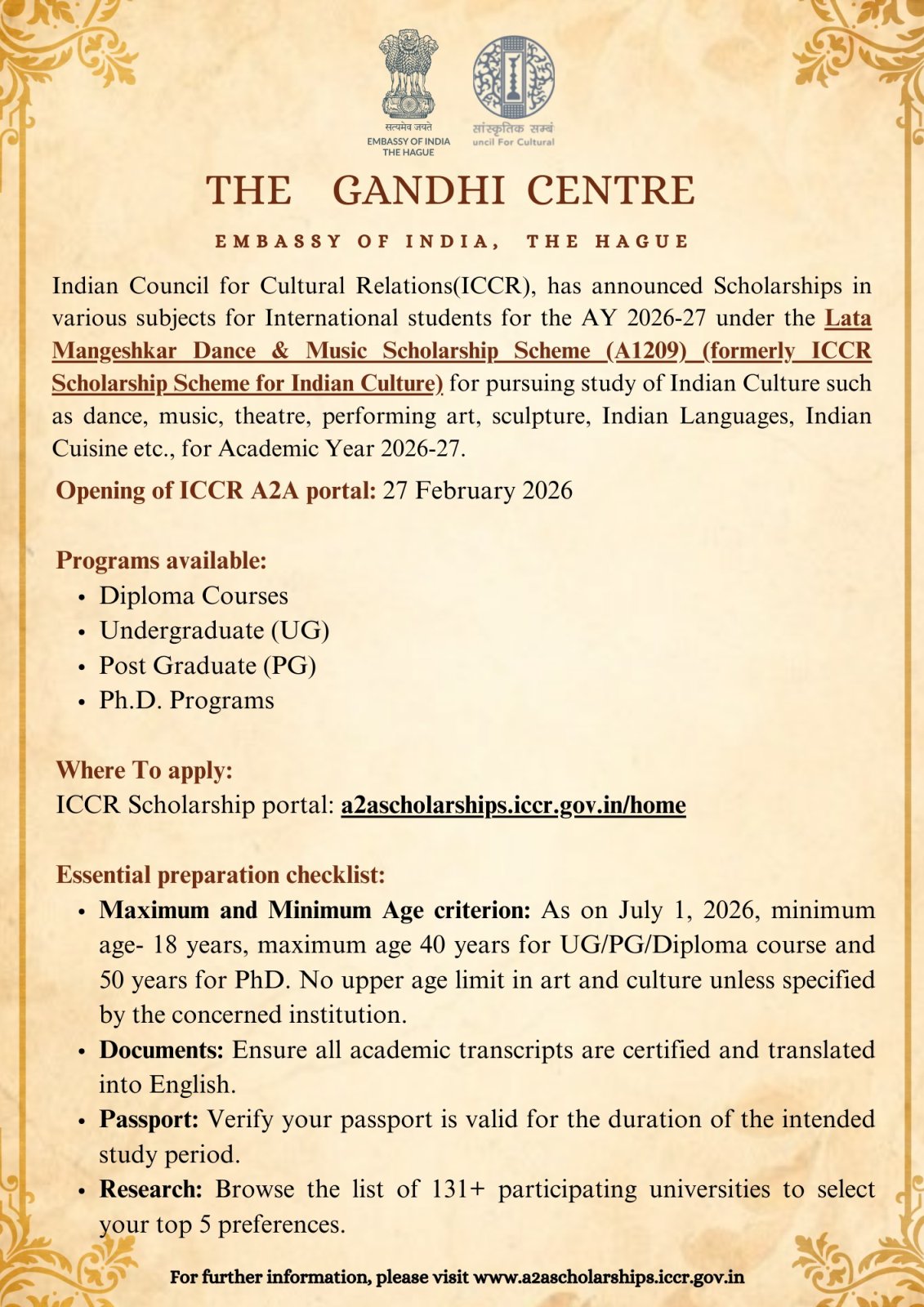 ICCR Scholarships Academic Year 2026-27